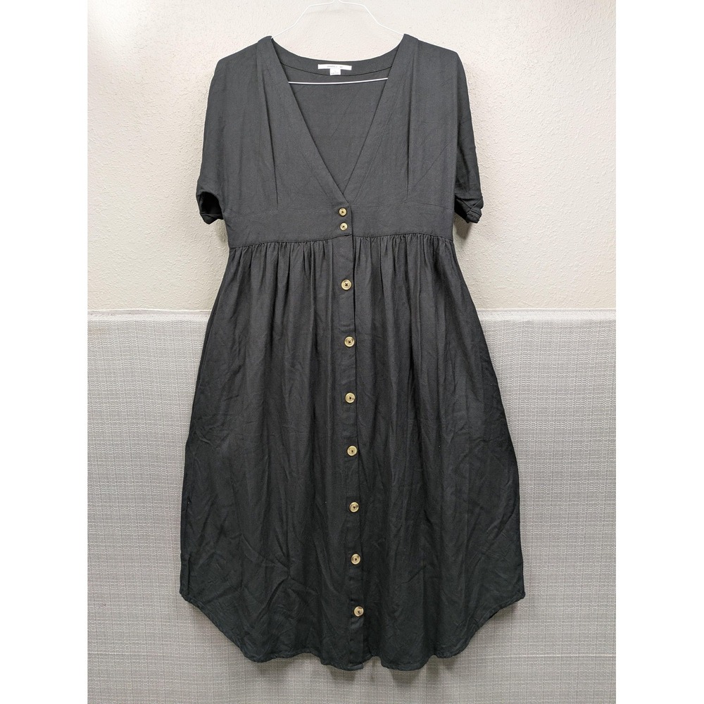 O'Neill Dress Womens Large Gray Button Front V Neck Short Sleeve Midi Pockets